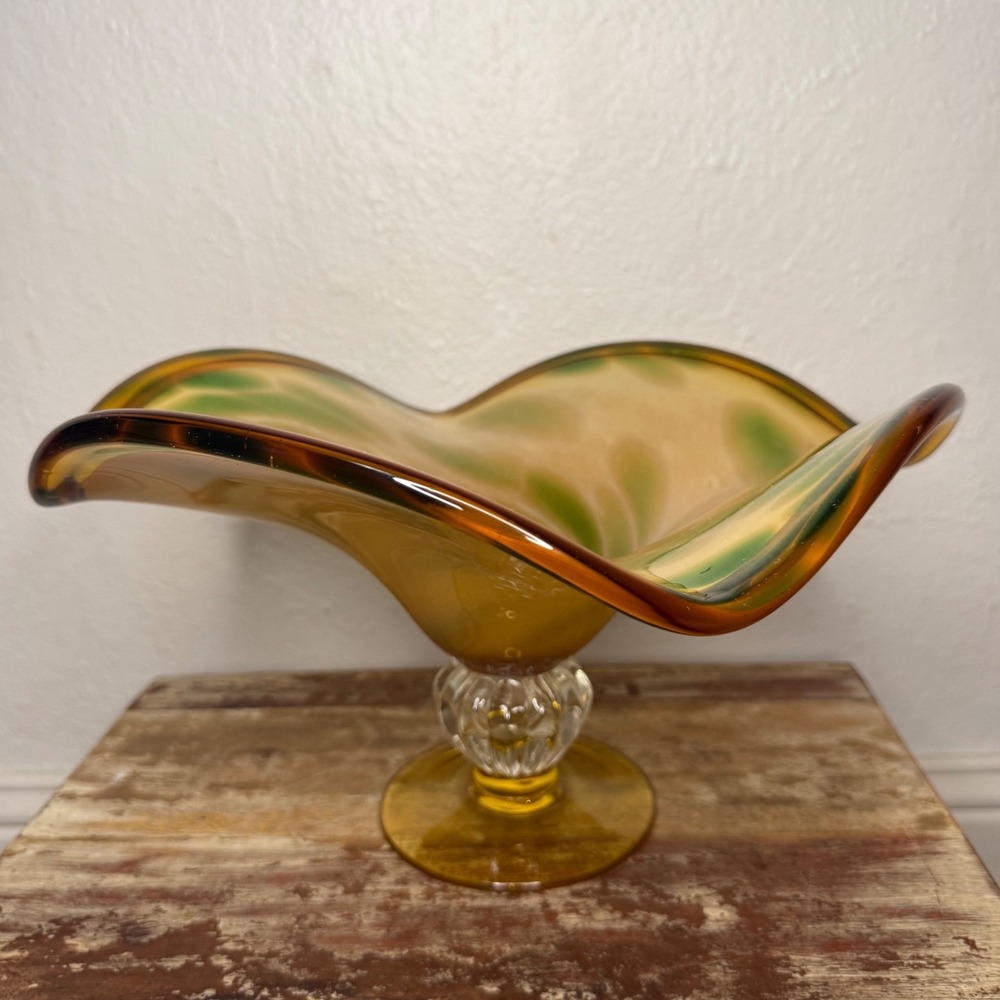 Vintage Hand Blown Murano Art Glass Pedestal Bowl Fluted Rim MCM